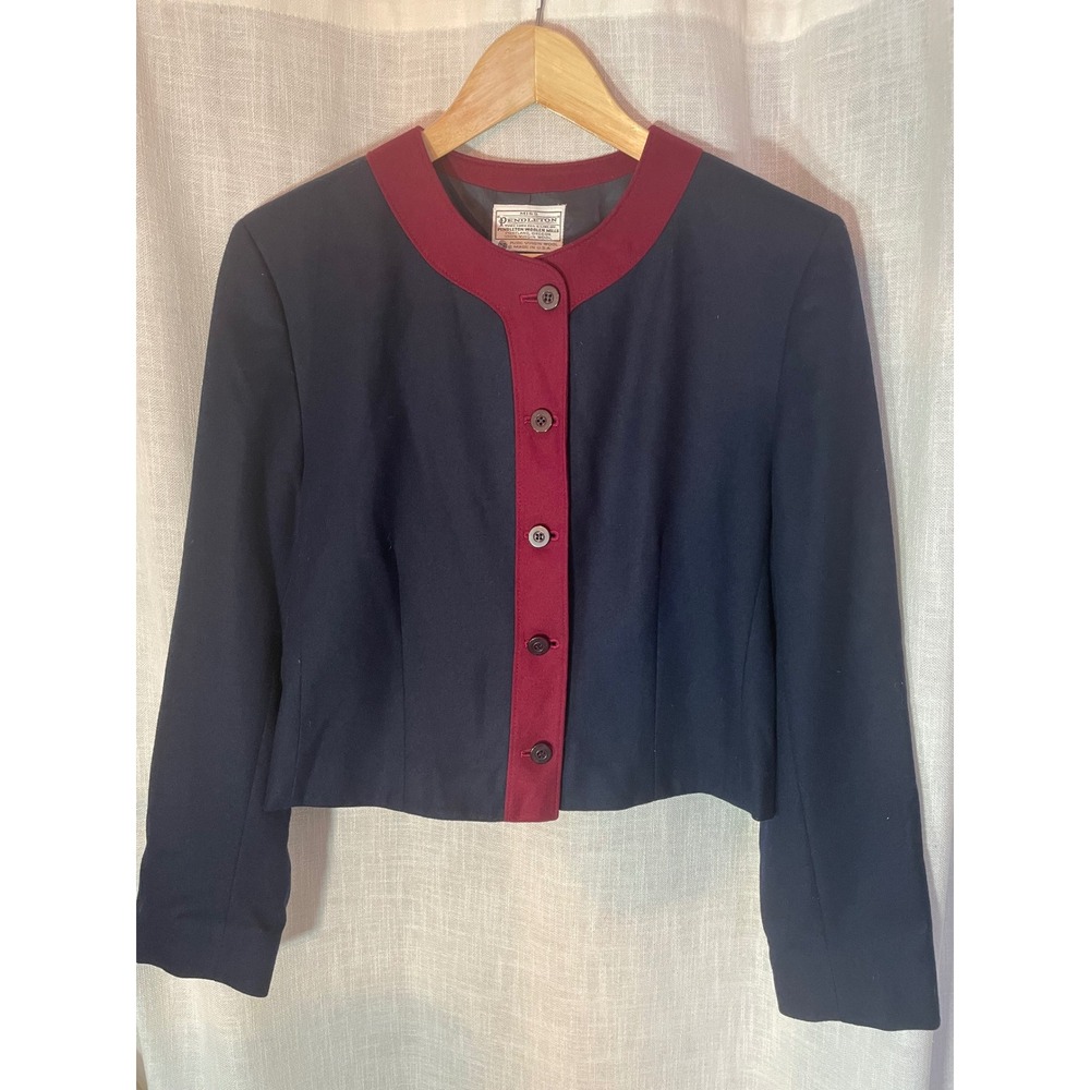Vintage Miss Pendleton Navy 100% Wool Blazer Cropped Lady Jacket Sz 12 Preppy